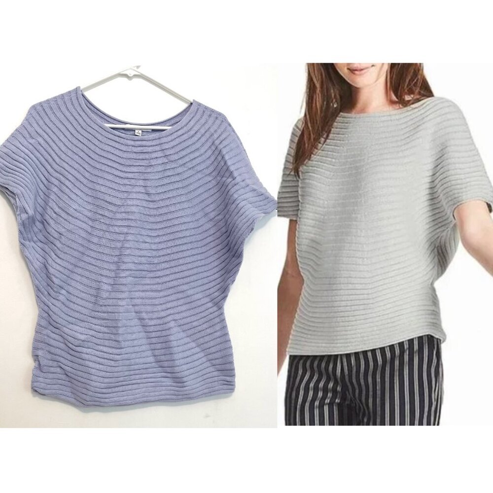 UNIQLO 3D Cotton Boat Neck Short Sleeve Sweater Blue / Periwinkle ? Ribbed Knit